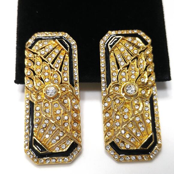 Art Deco Style Large Earrings, Clear Rhinestones, Black Enamel, 1980s Vintage - Picture 5 of 10